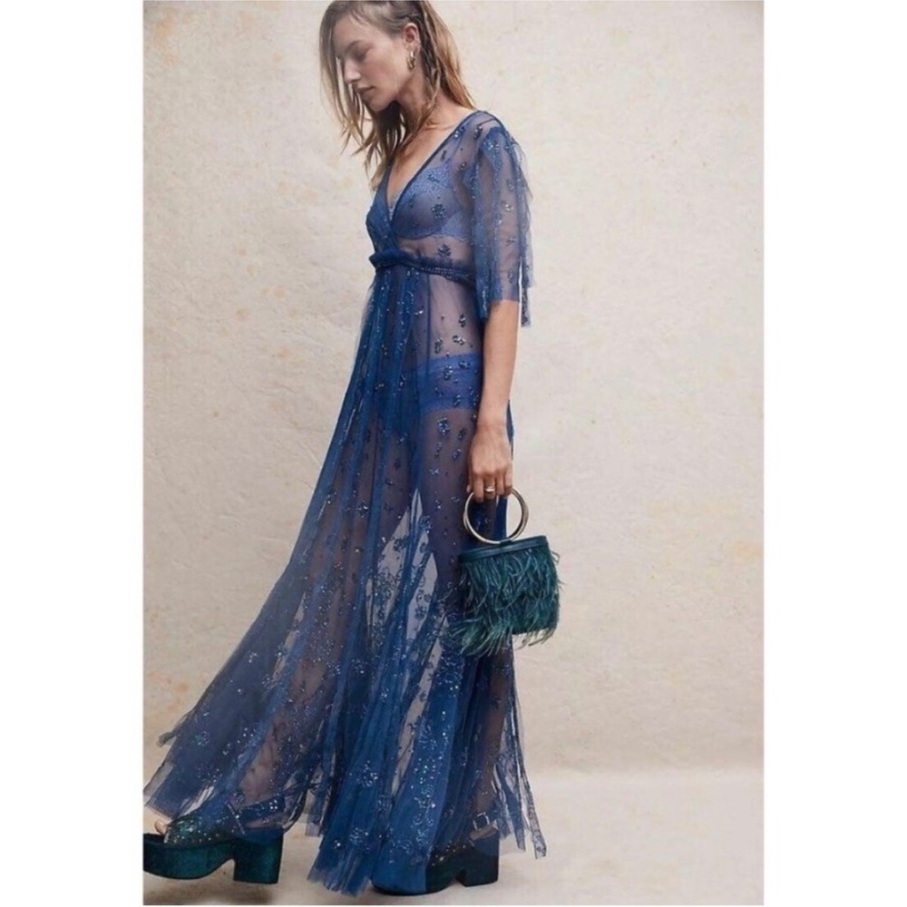 Free People Sheer Embellished Maxi Dress in Deep Blue - Picture 6 of 10